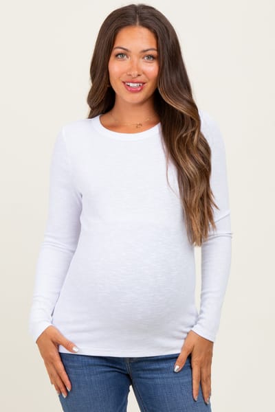 Staccato White Ribbed Long Sleeve Maternity Top