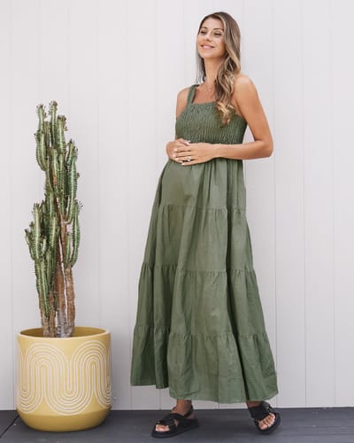 Angel Maternity Lilliana Flowy Maternity Maxi Linen Dress in Olive
