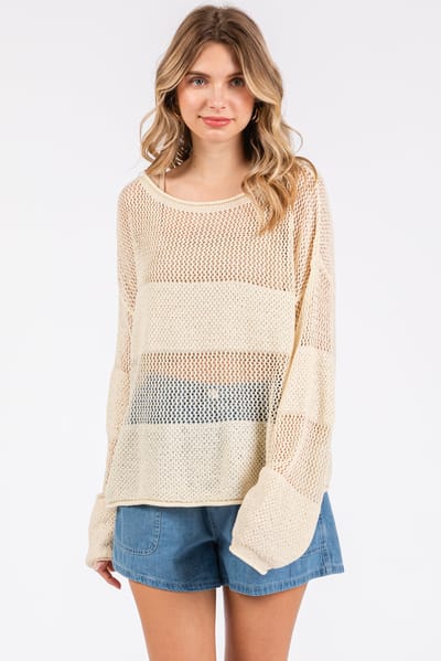 KyeMi Cream Crochet Knit Long Sleeve Cover-Up