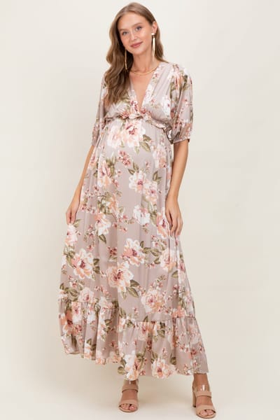 PinkBlush Taupe Floral Print Elbow Sleeve V-Neck Tiered Maternity Maxi Dress