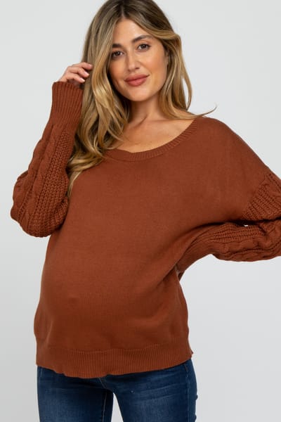 PinkBlush Camel Knit Braided Sleeve Maternity Sweater