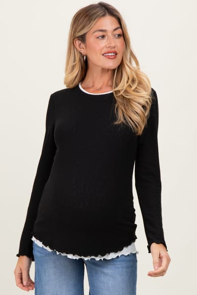 PinkBlush Black/White Ribbed Long Sleeve Maternity Twofer Top