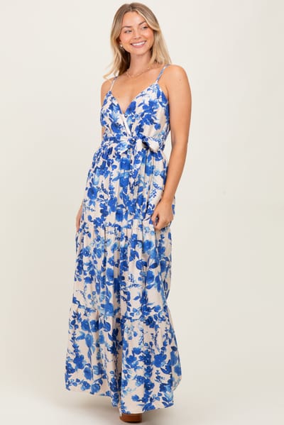 She + Sky Blue Floral Tiered Sleeveless Sash Tie Maxi Dress