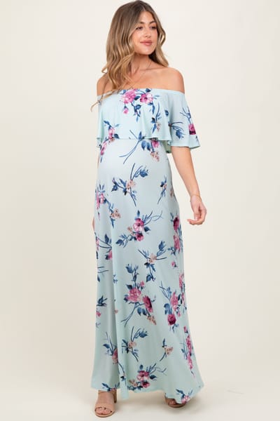 PinkBlush Mint Off Shoulder Floral Ruffle Maternity Maxi Dress