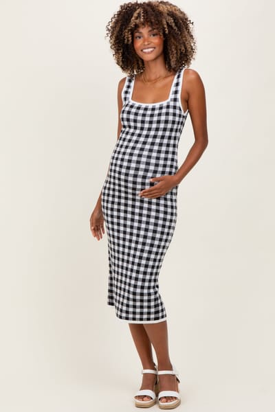 White Birch White Gingham Knit Square Neck Sleeveless Maternity Midi Dress