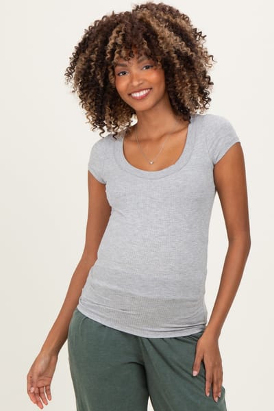 PinkBlush Heather Grey Ribbed Rounded Square Neck Maternity Top