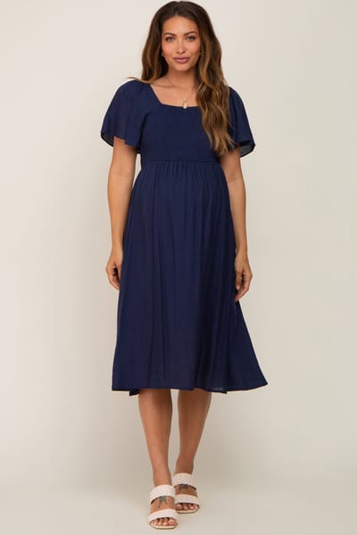 PinkBlush Navy Blue Smocked Square Neck Flutter Short Sleeve Maternity Midi Dress