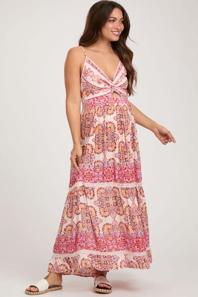 PinkBlush Red Floral Paisley Crochet Tiered Maternity Maxi Dress