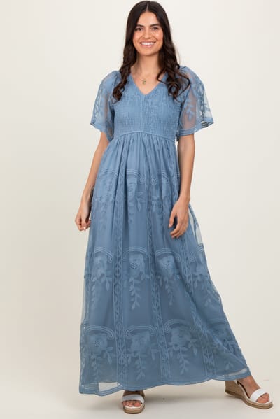 Dress Day Blue Smocked Top Lace Maxi Dress
