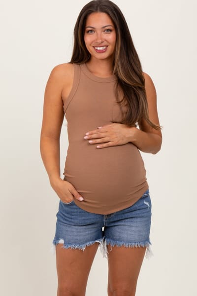 Risen Jeans Blue Fringe Hem Side Slit Maternity Denim Shorts