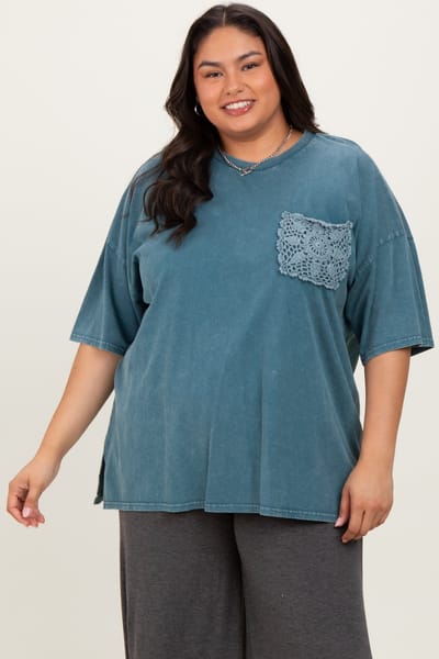 Easel Deep Teal Mineral Wash Crochet Pocket Plus Top
