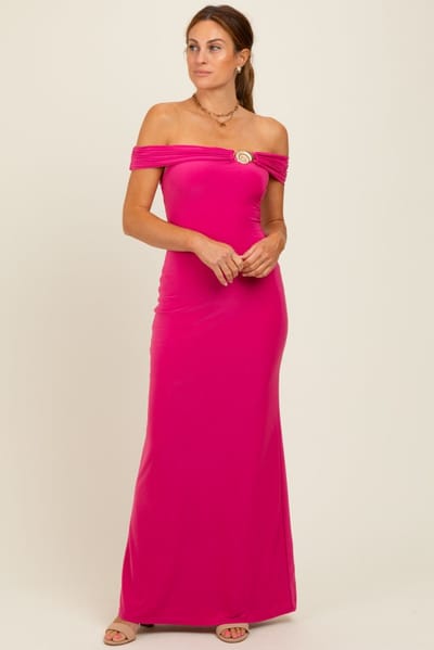 Blue Blush Fuchsia Off Shoulder Seashell Pendant Maxi Dress