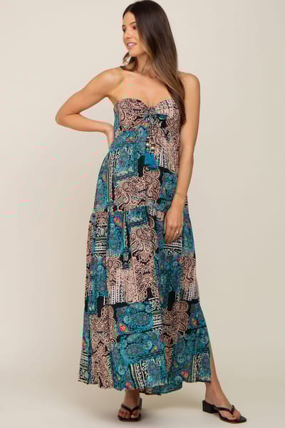 PinkBlush Teal Printed Halter Tassel Front Tie Maternity Maxi Dress
