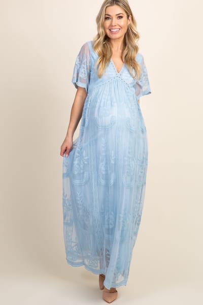 Rhea + Thea PinkBlush Light Blue Lace Mesh Overlay Maternity Maxi Dress