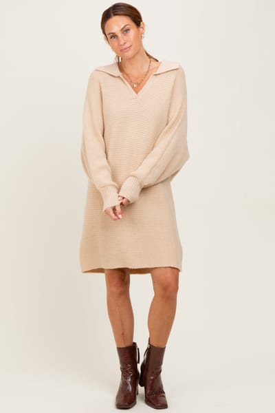 So Me Taupe Chunky Knit Collared Sweater Dress