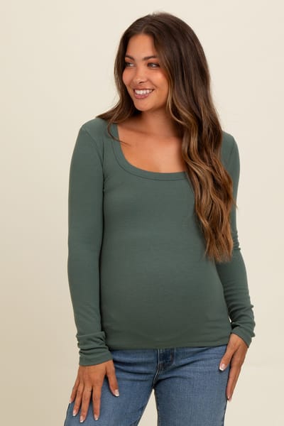 PinkBlush Green Ribbed Square Neck Long Sleeve Maternity Top