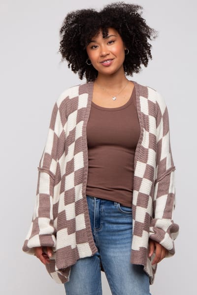 Miss Love Taupe Checkered Print Oversized Cardigan