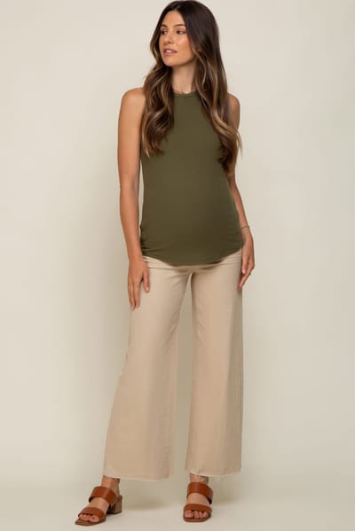PinkBlush Beige Wide Leg Raw Hem Maternity Jeans