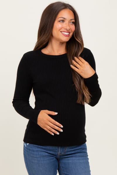 Staccato Black Ribbed Knit Maternity Long Sleeve Top