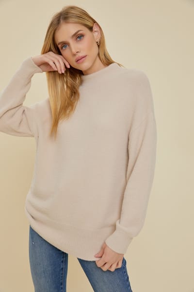 Be Cool Beige Fuzzy Knit Mock Neck Sweater
