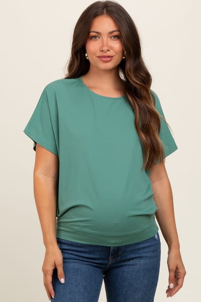 Mitto Green Round Neck Dolman Sleeve Maternity Top
