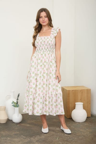Blu Pepper Pink Floral Smocked Sleeveless Midi Dress