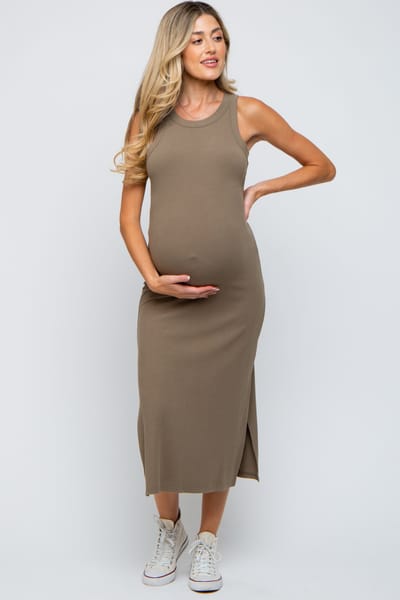 Mitto Taupe Ribbed Maternity Side Slit Tank Dress