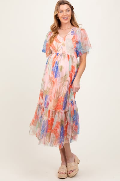 Dress Day Peach Leaf Print Smocked Mesh Overlay Maternity Dress