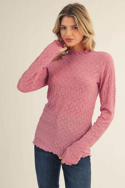 Jodifl Mauve Thumbhole Sleeves Mock Neck Lace Top