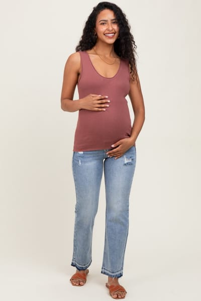 PinkBlush Light Blue Distressed Raw Hem Maternity Ankle Straight Leg Jeans