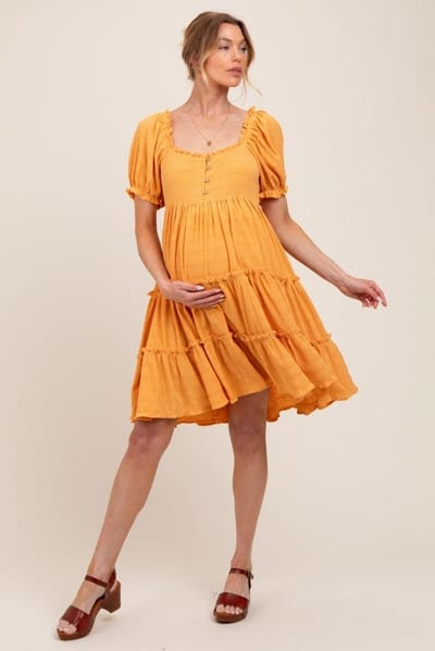 PinkBlush Orange Button Up Ruffle Tiered Maternity Dress