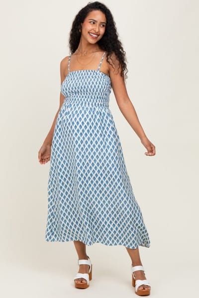 PinkBlush Blue Diamond Print Smocked Maternity Midi Dress