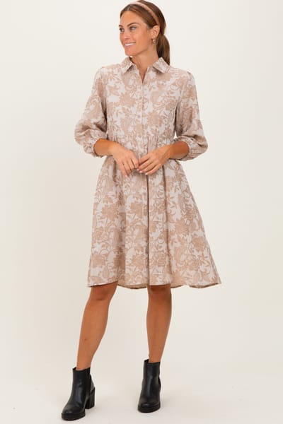 Polagram Beige Floral Button 3/4 Long Sleeve Midi Dress