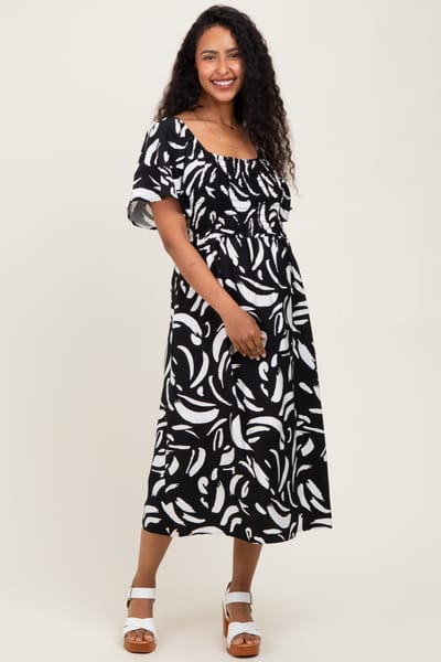 Chris & Carol Black Printed Smocked Maternity Midi Dress