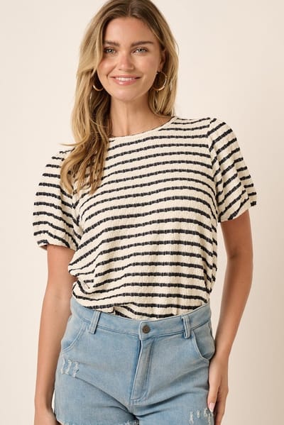 Rhea + Thea Black Striped Textured Puff Sleeve Top