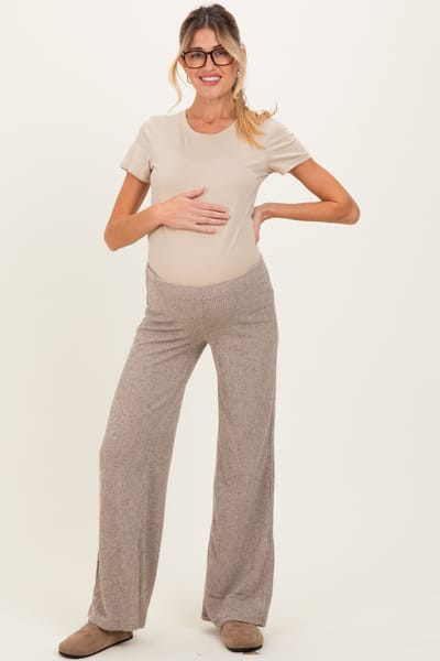 Hyfve Beige Brushed Knit Flare Leg Maternity Pants