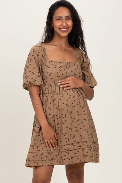 PinkBlush Taupe Floral Corduroy Puff Sleeve Babydoll Mini Maternity Dress