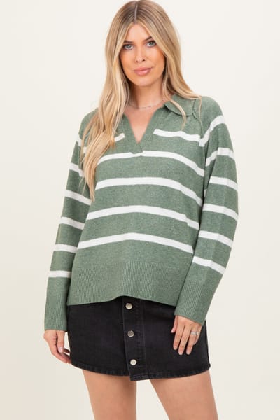 By Together Light Olive Striped Oversized Polo Sweater