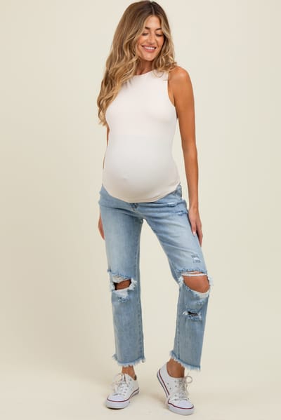 PinkBlush Light Blue Ripped Knee Fringe Hem Straight Leg Maternity Ankle Jeans