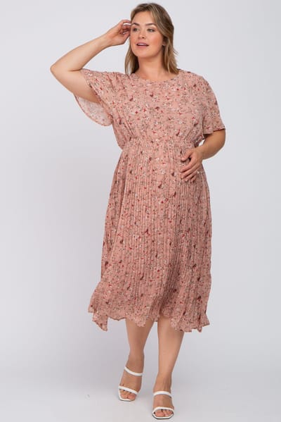 Hayden Light Pink Floral Pleated Chiffon Maternity Plus Midi Dress