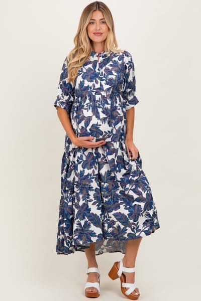 PinkBlush Navy Leaf Print Tiered Maternity Midi Dress