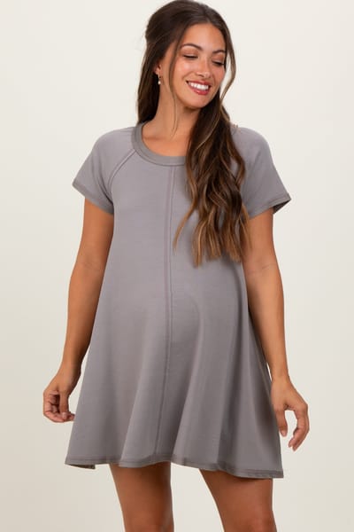 PinkBlush Mocha French Terry Basic Short Sleeve Maternity Mini Dress