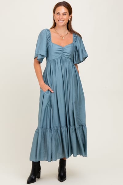 In February Blue Flutter Sleeve Ruffle Hem Midi Dress