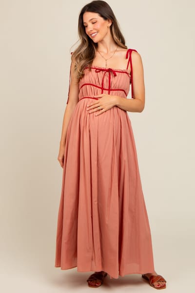PinkBlush Salmon Contrast Ribbon Trim Maternity Maxi Dress