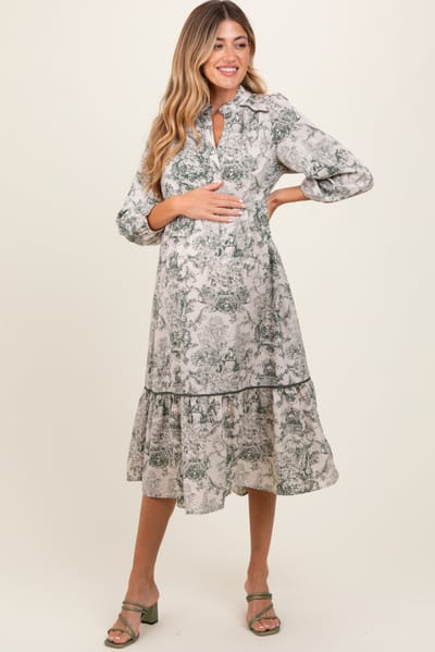 Umgee Forest Green Printed Split Ruffle Collar Maternity Midi Dress