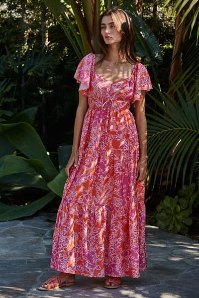 By Together Fuchsia Floral Waist Tie Open Back Maxi