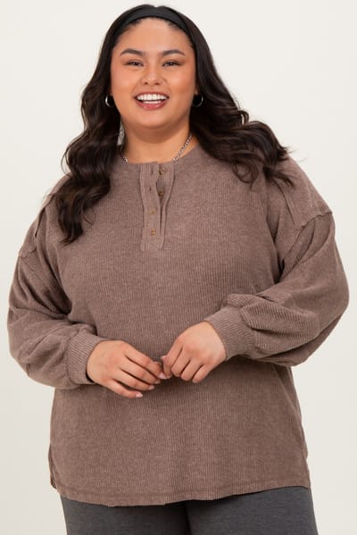 Zenana Outfitters Mocha Oversized Ribbed Knit Henley Plus Sweater