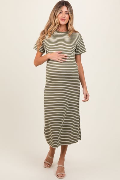 PinkBlush Olive Striped Short Sleeve Side Slit Maternity T-Shirt Midi Dress