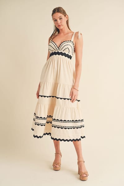 &merci Almond Cream Tiered Trim Midi Dress
