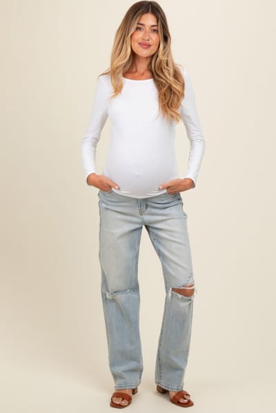 PinkBlush Light Blue Open Knee Relaxed Straight Leg Maternity Jeans